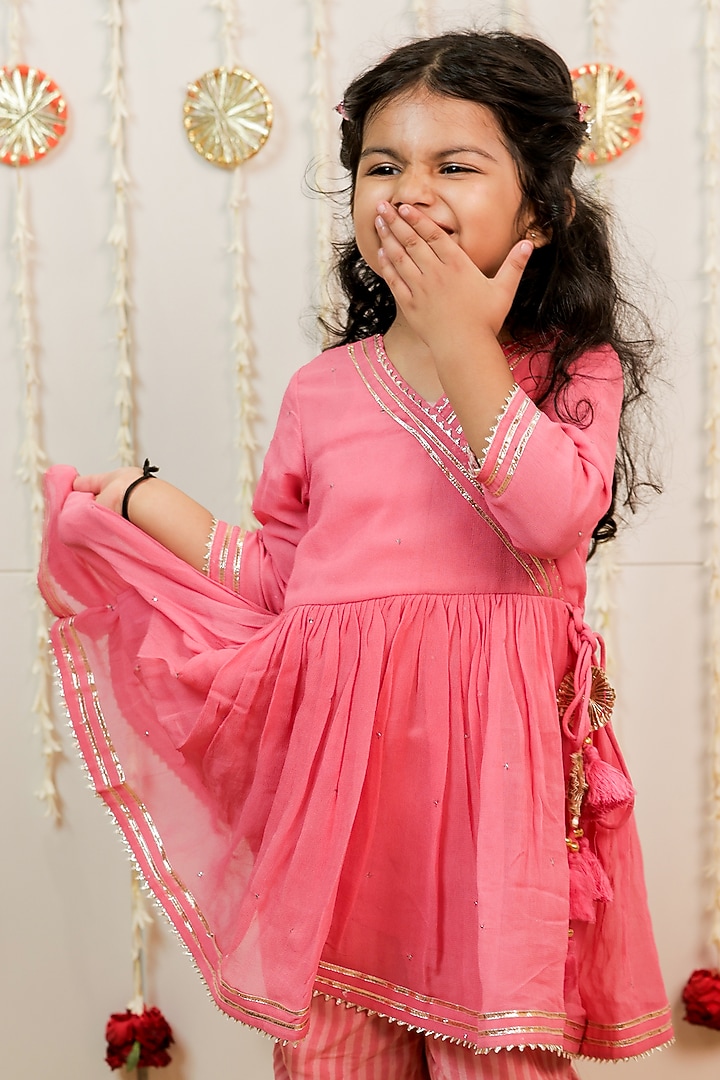 Peachish Pink Georgette Hand Block Printed Angrakha Kurta Set For Girls by Tiny Colour at Pernia's Pop Up Shop