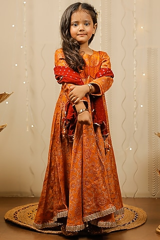 Mustard Block Printed Kurta Set For Girls by Tiny Colour