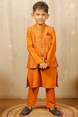 Mustard Block Printed Nehru Jacket With Kurta Set For Boys by Tiny Colour