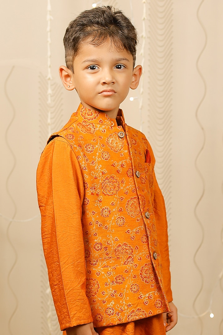 Mustard Block Printed Nehru Jacket With Kurta Set For Boys by Tiny Colour at Pernia's Pop Up Shop