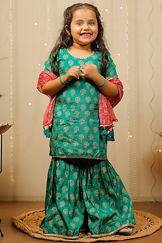 Green Block Printed Sharara Set For Girls by Tiny Colour