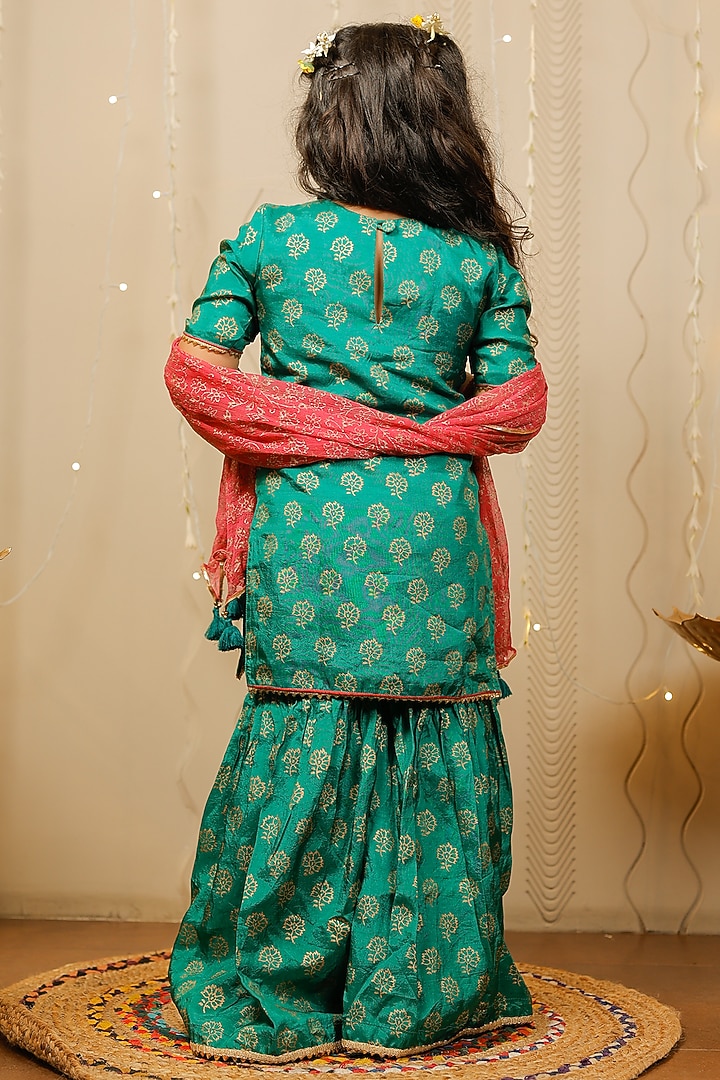 Green Block Printed Sharara Set For Girls by Tiny Colour at Pernia's Pop Up Shop
