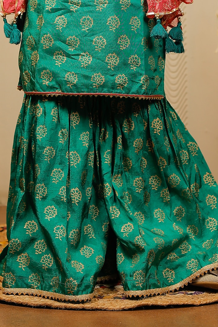 Green Block Printed Sharara Set For Girls by Tiny Colour at Pernia's Pop Up Shop