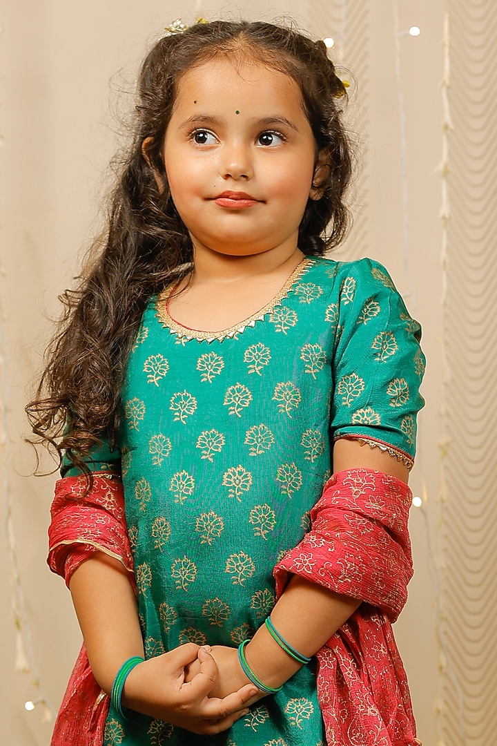 Green Block Printed Sharara Set For Girls by Tiny Colour at Pernia's Pop Up Shop