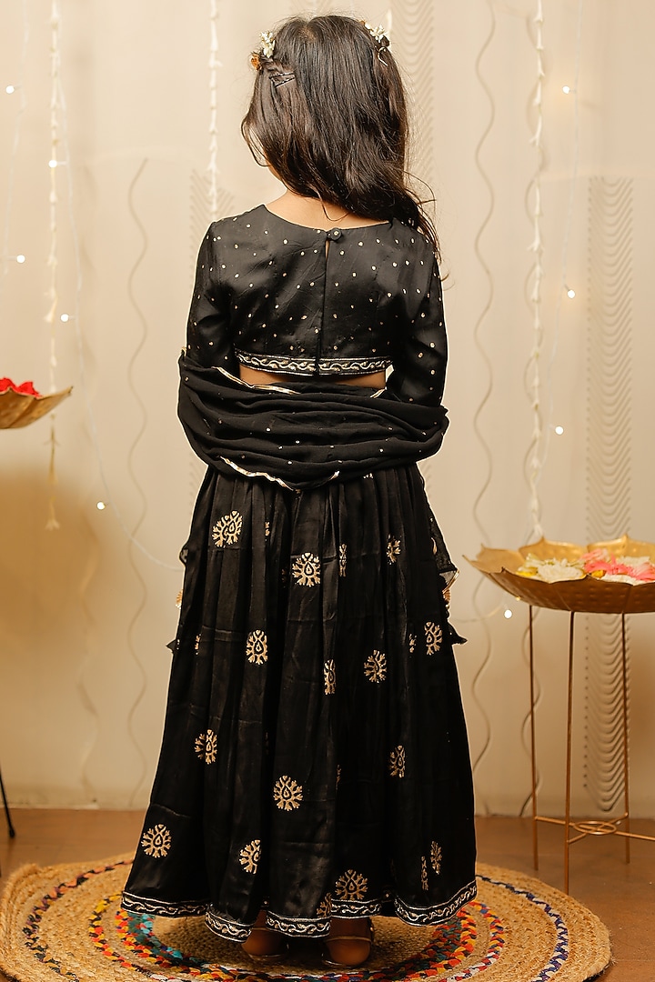 Black Block Printed & Embellished Lehenga Set For Girls by Tiny Colour at Pernia's Pop Up Shop