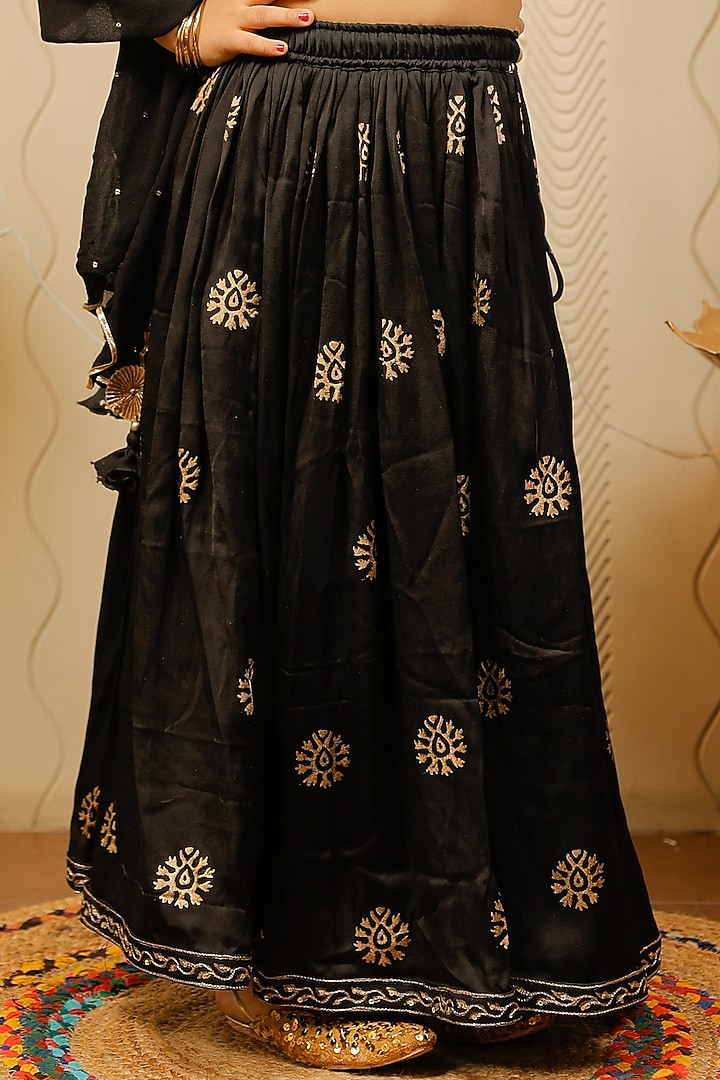 Black Block Printed & Embellished Lehenga Set For Girls by Tiny Colour at Pernia's Pop Up Shop