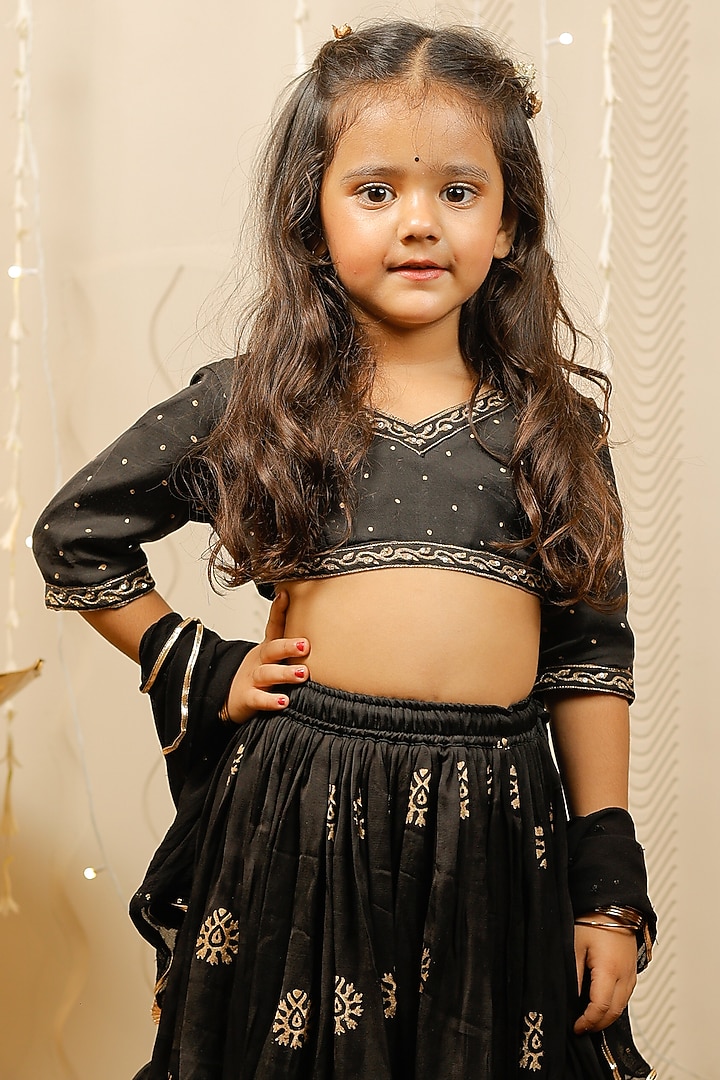 Black Block Printed & Embellished Lehenga Set For Girls by Tiny Colour at Pernia's Pop Up Shop