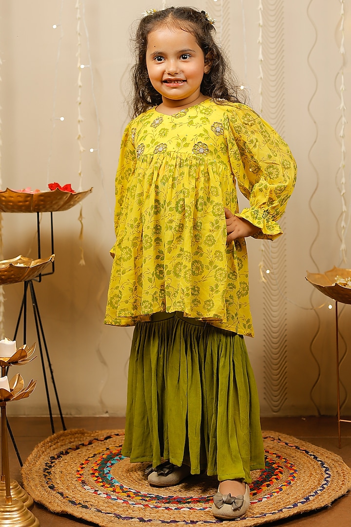 Green Georgette Sharara Set  For Girls by Tiny Colour