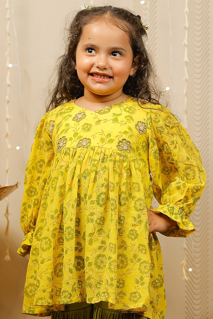 Green Georgette Sharara Set For Girls by Tiny Colour at Pernia's Pop Up Shop