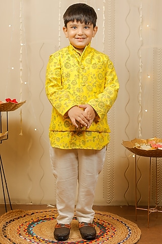 Yellow Cotton Block Printed Nehru Jacket Set For Boys by Tiny Colour