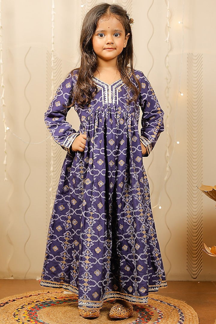 Blue Block Printed & Embellished Kurta For Girls by Tiny Colour