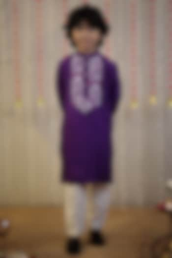 Purple Cotton Silk Block Printed Kurta Set For Boys by Tiny Colour