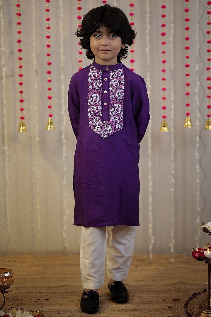 Purple Cotton Silk Block Printed Kurta Set For Boys by Tiny Colour