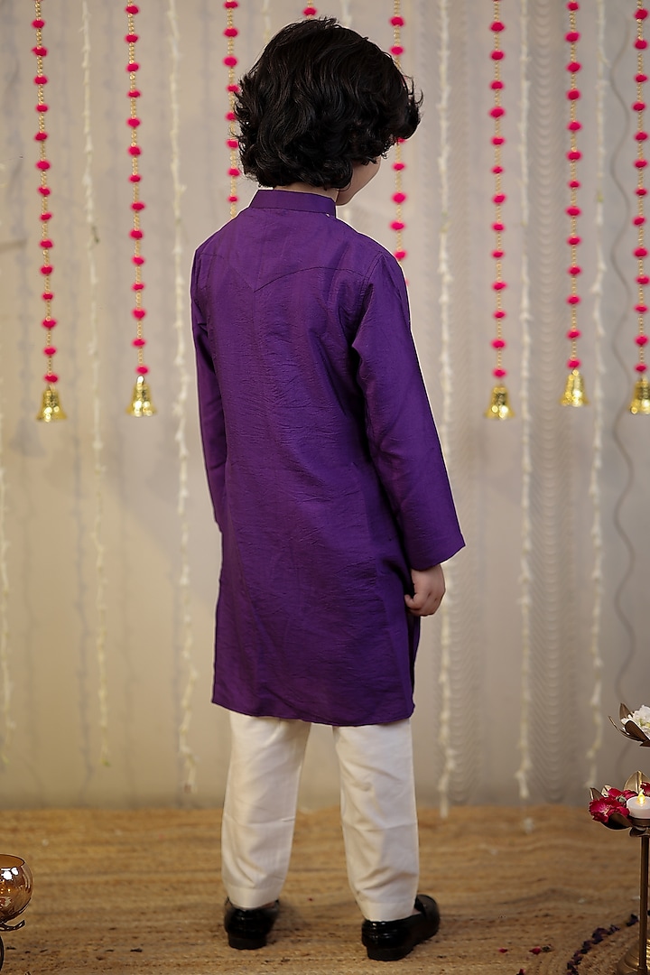 Purple Cotton Silk Block Printed Kurta Set For Boys by Tiny Colour at Pernia's Pop Up Shop