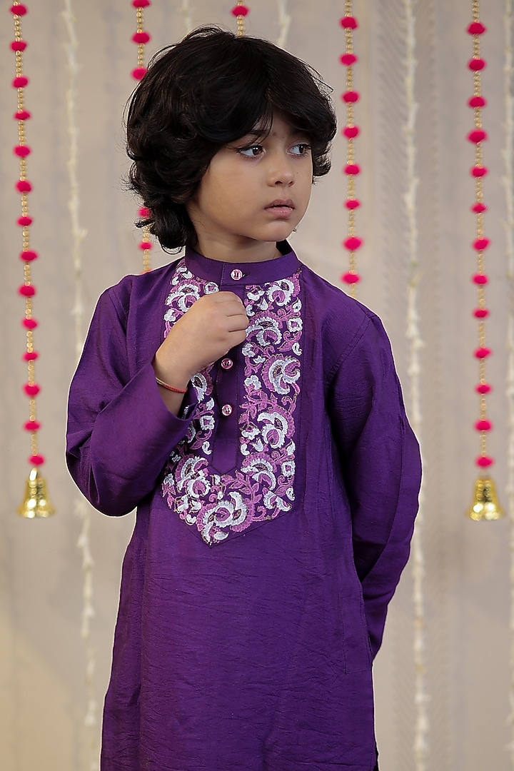Purple Cotton Silk Block Printed Kurta Set For Boys by Tiny Colour at Pernia's Pop Up Shop
