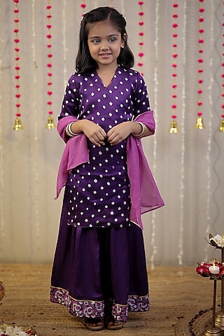 Purple Modal Lace Embellished Sharara Set For Girls by Tiny Colour