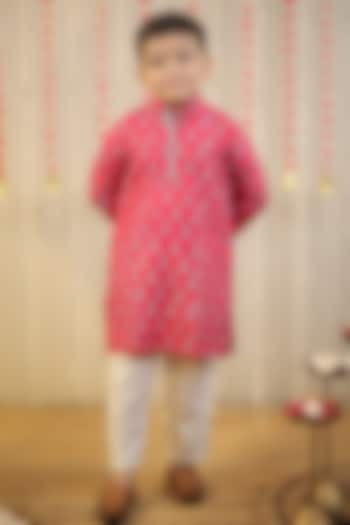 Pink Cotton Silk Block Printed Kurta Set For Boys by Tiny Colour at Pernia's Pop Up Shop