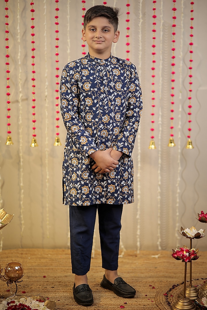 Ink Blue Cotton Silk Block Printed Kurta Set For Boys by Tiny Colour at Pernia's Pop Up Shop