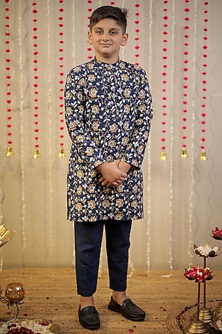 Ink Blue Cotton Silk Block Printed Kurta Set For Boys by Tiny Colour