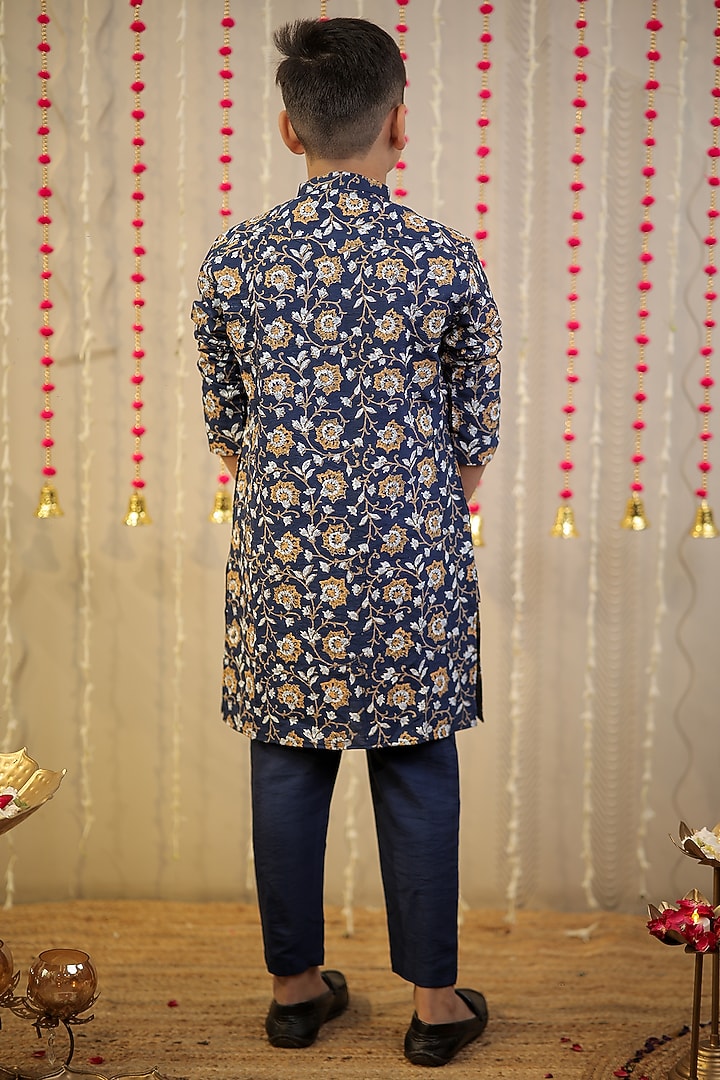 Ink Blue Cotton Silk Block Printed Kurta Set For Boys by Tiny Colour at Pernia's Pop Up Shop