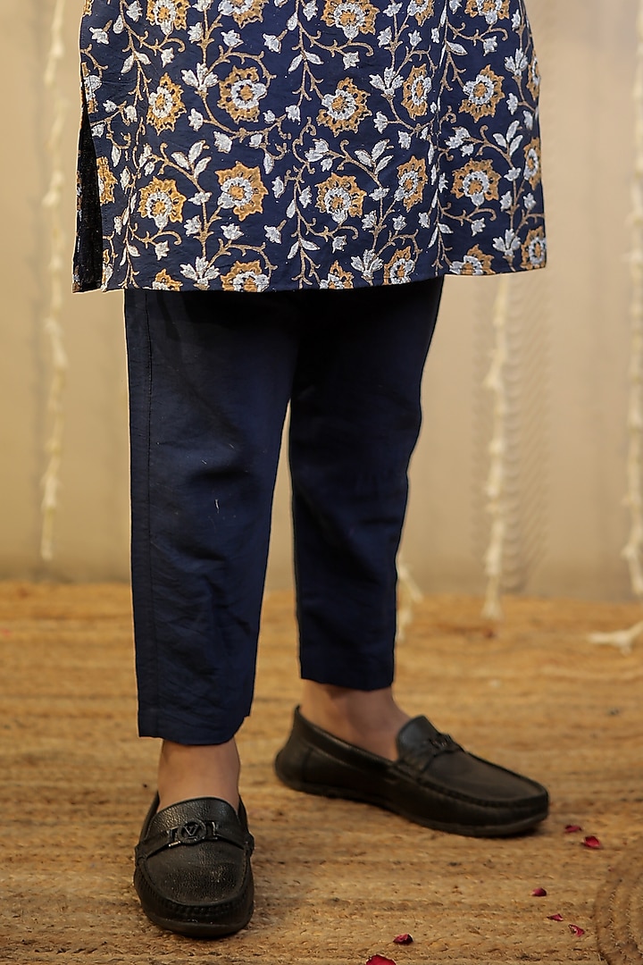 Ink Blue Cotton Silk Block Printed Kurta Set For Boys by Tiny Colour at Pernia's Pop Up Shop