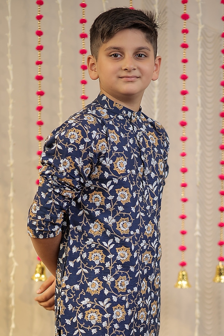 Ink Blue Cotton Silk Block Printed Kurta Set For Boys by Tiny Colour at Pernia's Pop Up Shop