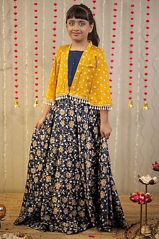 Ink Blue Modal Block Printed Skirt Set For Girls by Tiny Colour