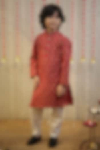 Maroon Mulmul Cotton Block Printed Kurta Set For Boys by Tiny Colour