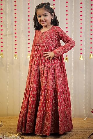 Maroon Mulmul Cotton Block Printed Kurta For Girls by Tiny Colour