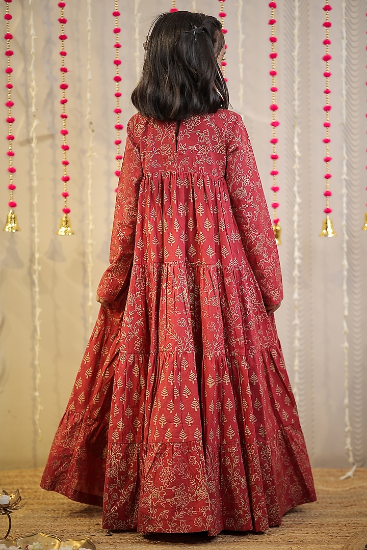 Maroon Mulmul Cotton Block Printed Kurta For Girls by Tiny Colour at Pernia's Pop Up Shop