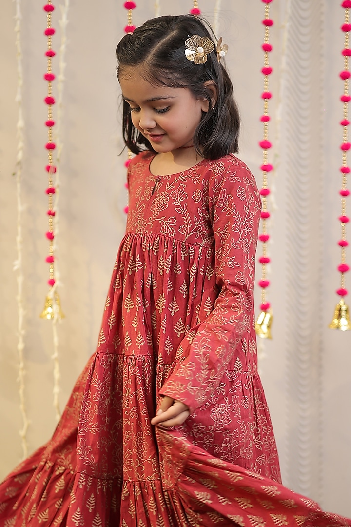 Maroon Mulmul Cotton Block Printed Kurta For Girls by Tiny Colour at Pernia's Pop Up Shop