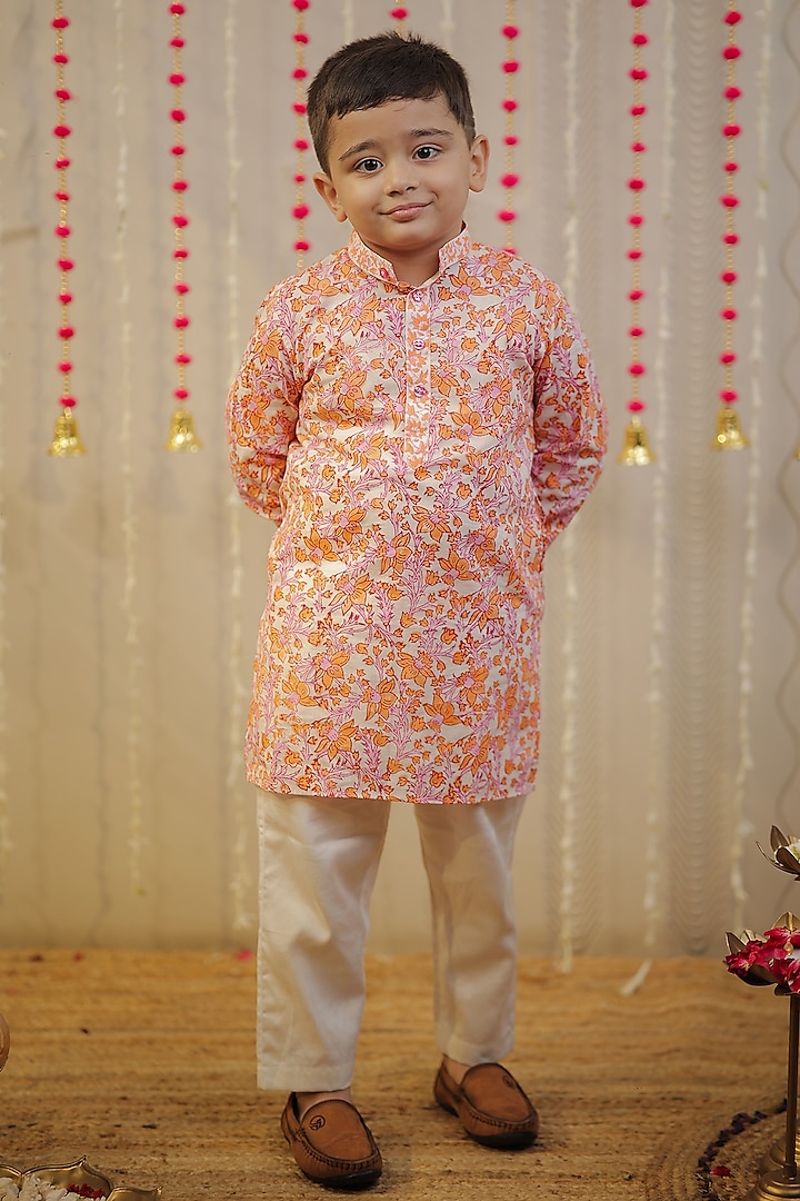 Peach Orange Mulmul Cotton Block Printed Kurta Set For Boys by Tiny Colour