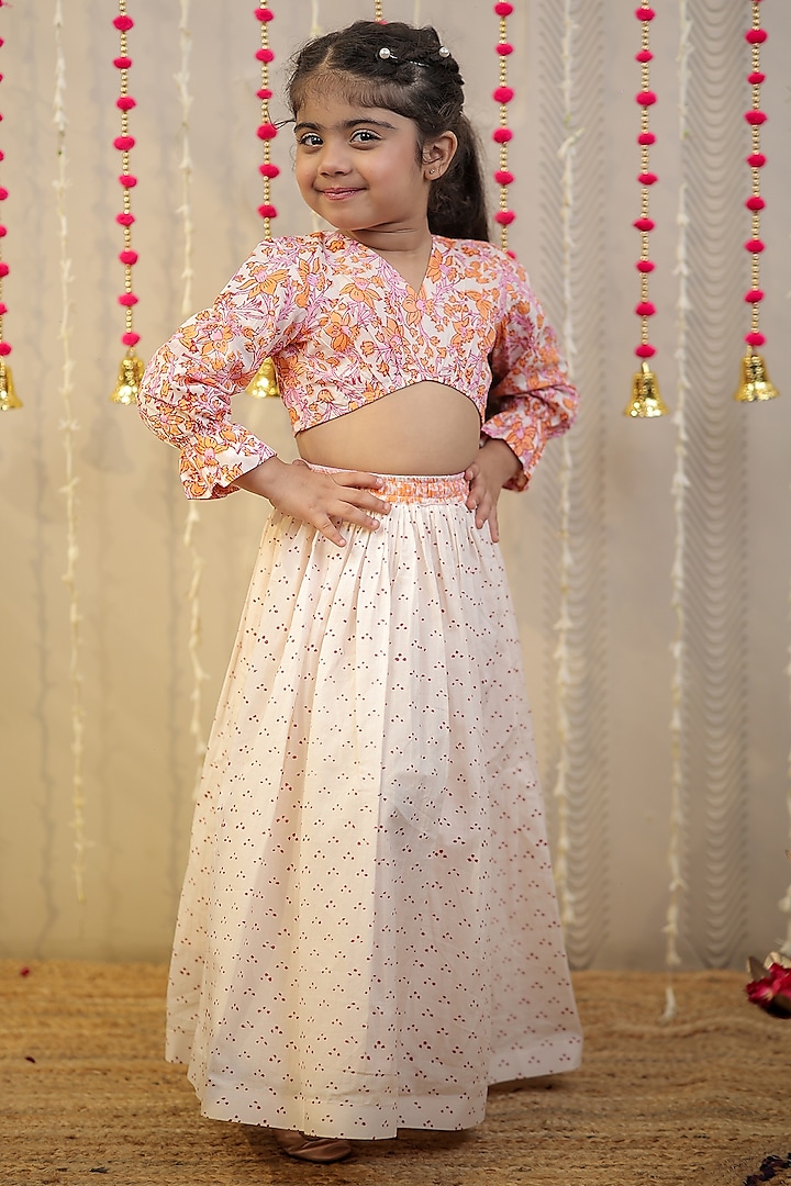 Peach Orange Mulmul Cotton Block Printed Skirt Set For Girls by Tiny Colour at Pernia's Pop Up Shop