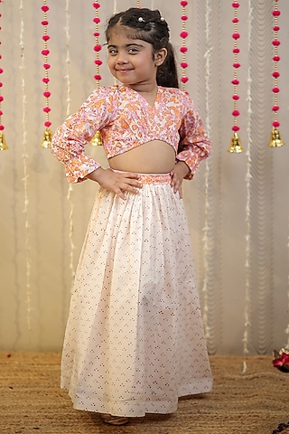 Peach Orange Mulmul Cotton Block Printed Skirt Set For Girls by Tiny Colour