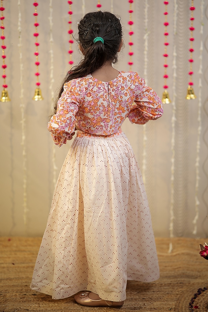 Peach Orange Mulmul Cotton Block Printed Skirt Set For Girls by Tiny Colour at Pernia's Pop Up Shop