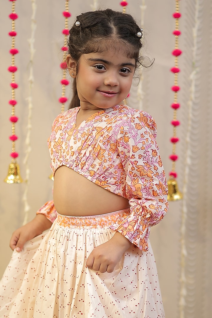 Peach Orange Mulmul Cotton Block Printed Skirt Set For Girls by Tiny Colour at Pernia's Pop Up Shop