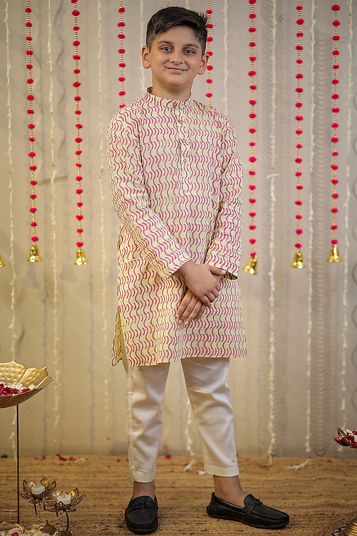 Green Mulmul Cotton Block Printed Kurta Set For Boys by Tiny Colour