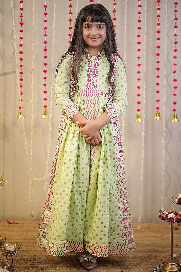 Green Mulmul Cotton Block Printed Kurta For Girls by Tiny Colour at Pernia's Pop Up Shop