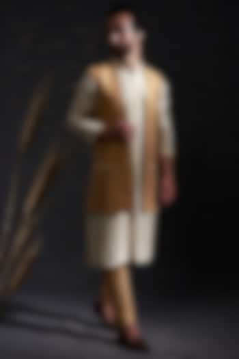 Camel Colored Raw Silk Printed & Kasab Work Kurta by Hemant Trevedi Men