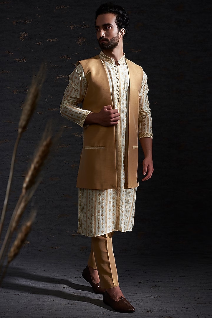 Camel Colored Raw Silk Printed & Kasab Work Kurta by Hemant Trevedi Men