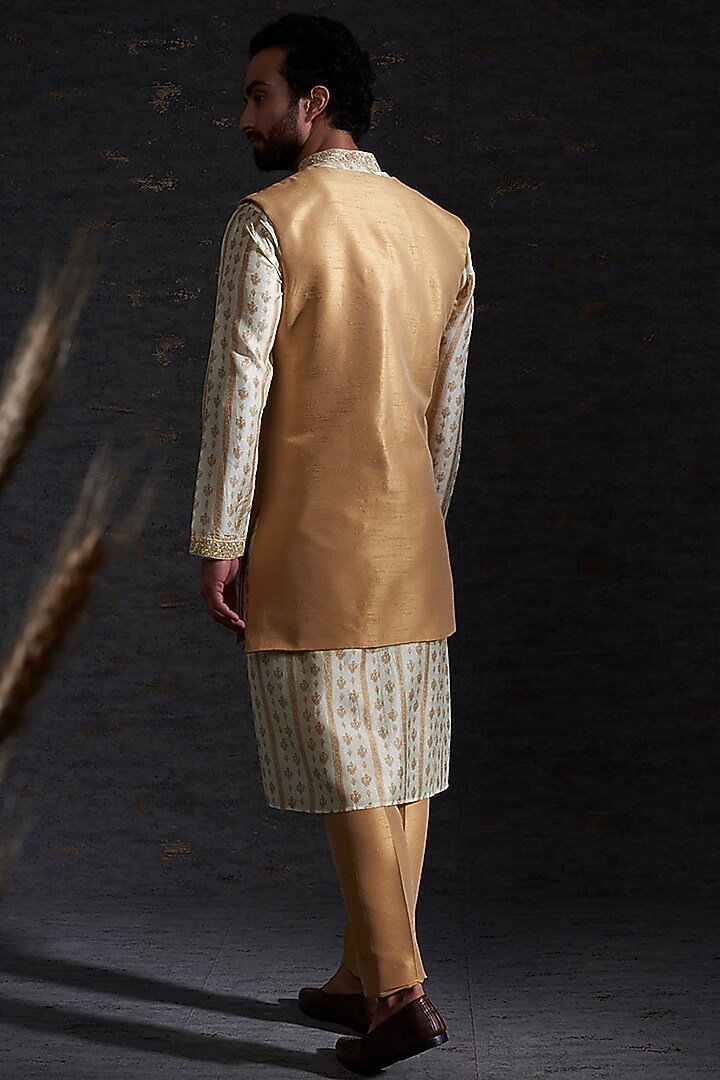 Camel Colored Raw Silk Printed & Kasab Work Kurta by Hemant Trevedi Men at Pernia's Pop Up Shop