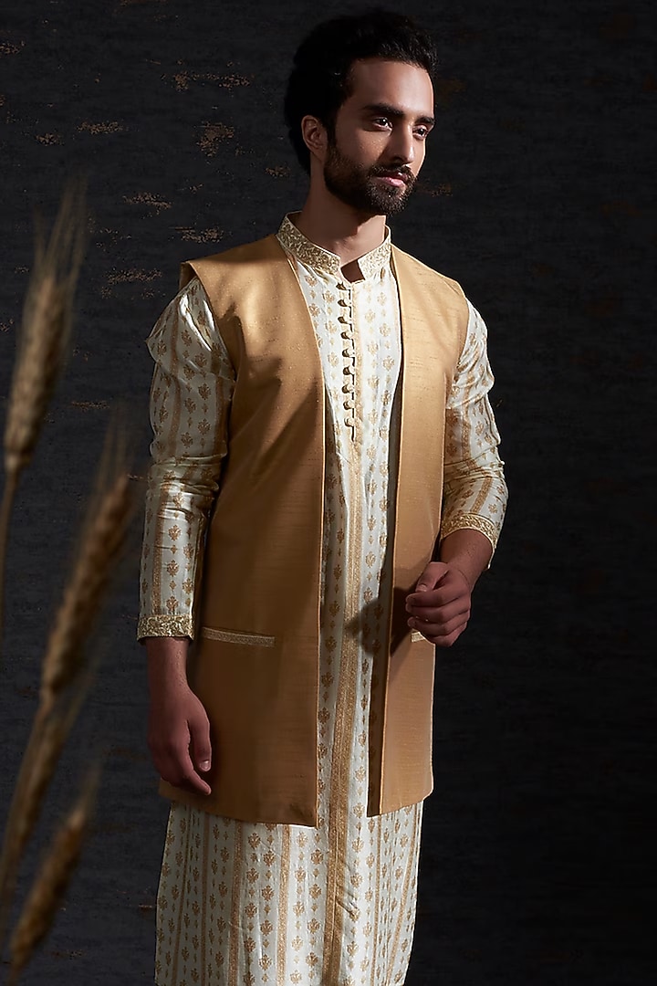 Camel Colored Raw Silk Printed & Kasab Work Kurta by Hemant Trevedi Men at Pernia's Pop Up Shop