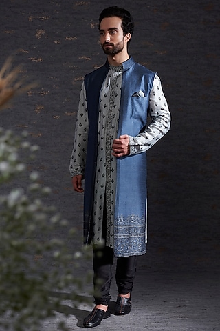 Pewter & Charcoal Embroidered Sherwani Set by Hemant Trevedi Men