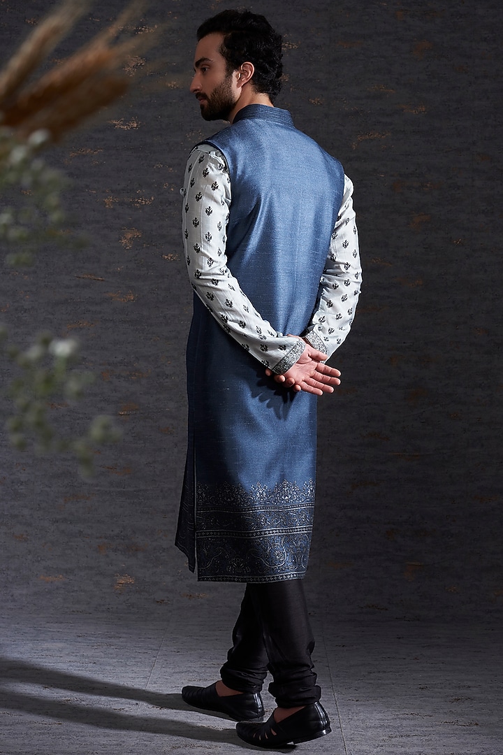 Pewter & Charcoal Embroidered Wedding Sherwani Set by Hemant Trevedi Men at Pernia's Pop Up Shop