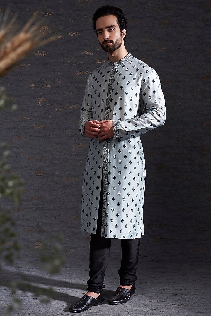 Pewter & Charcoal Embroidered Wedding Sherwani Set by Hemant Trevedi Men at Pernia's Pop Up Shop