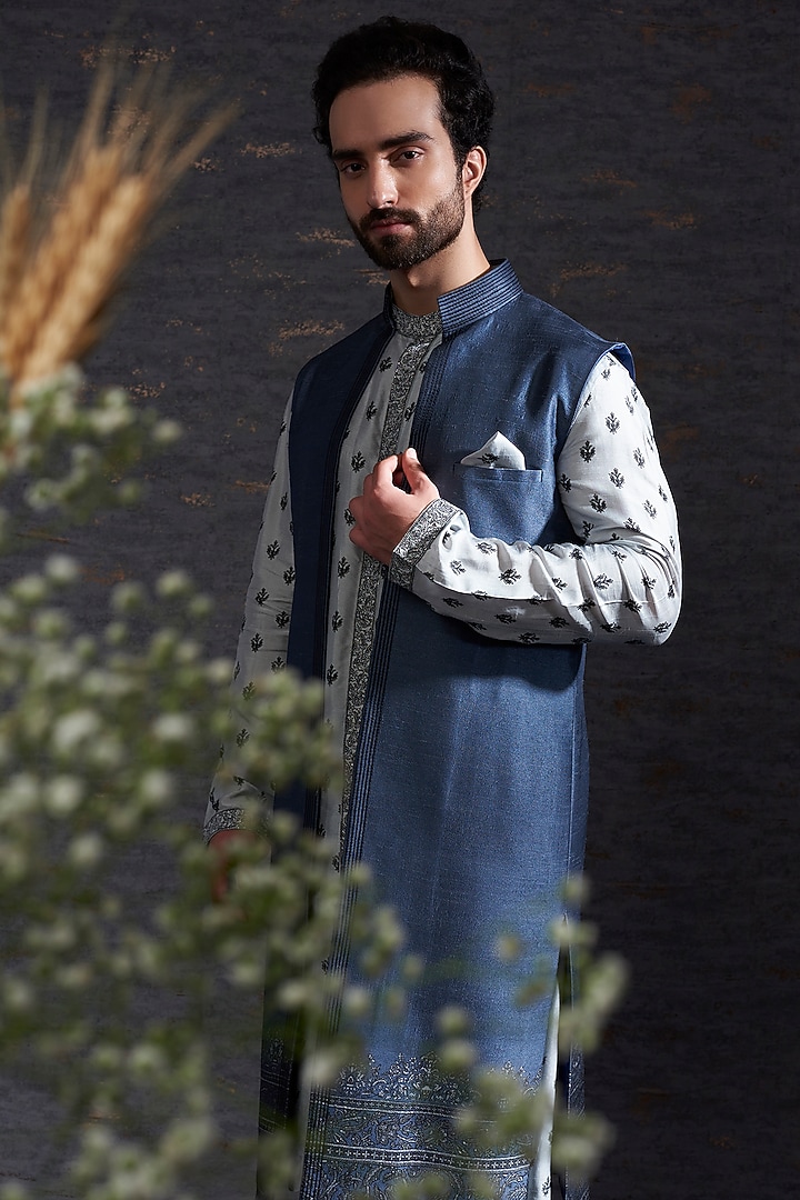 Pewter & Charcoal Embroidered Wedding Sherwani Set by Hemant Trevedi Men at Pernia's Pop Up Shop