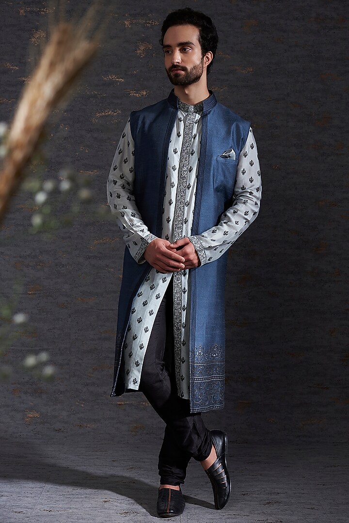 Pewter & Charcoal Embroidered Wedding Sherwani Set by Hemant Trevedi Men at Pernia's Pop Up Shop