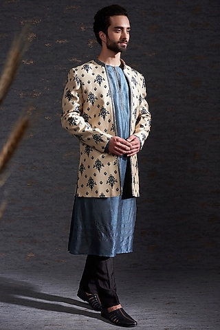 Sand & Charcoal Raw Silk Jacket Set by Hemant Trevedi Men