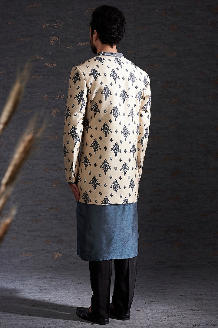 Sand & Charcoal Raw Silk Jacket Set by Hemant Trevedi Men at Pernia's Pop Up Shop