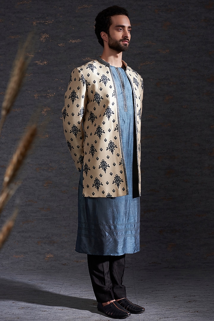 Sand & Charcoal Raw Silk Jacket Set by Hemant Trevedi Men at Pernia's Pop Up Shop